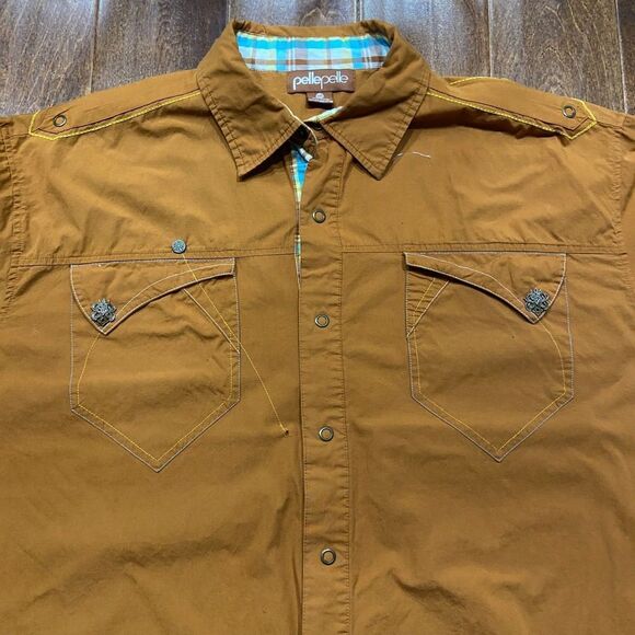 Pelle Pelle Big & Tall Y2K Vintage Rustic Brown Snap Button Polo Shirt 3XL - Picture 2 of 11